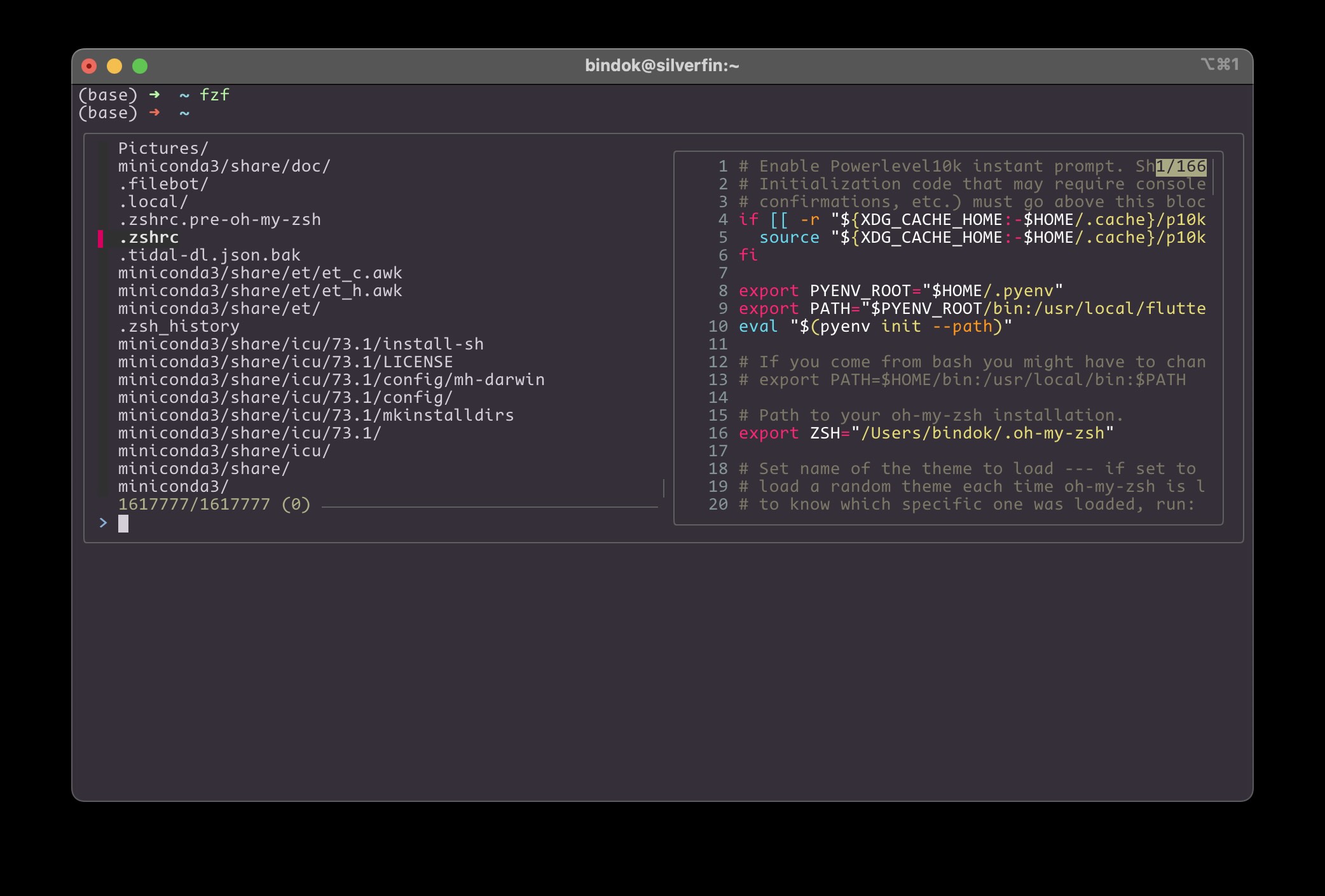 Screenshot of `fzf` output