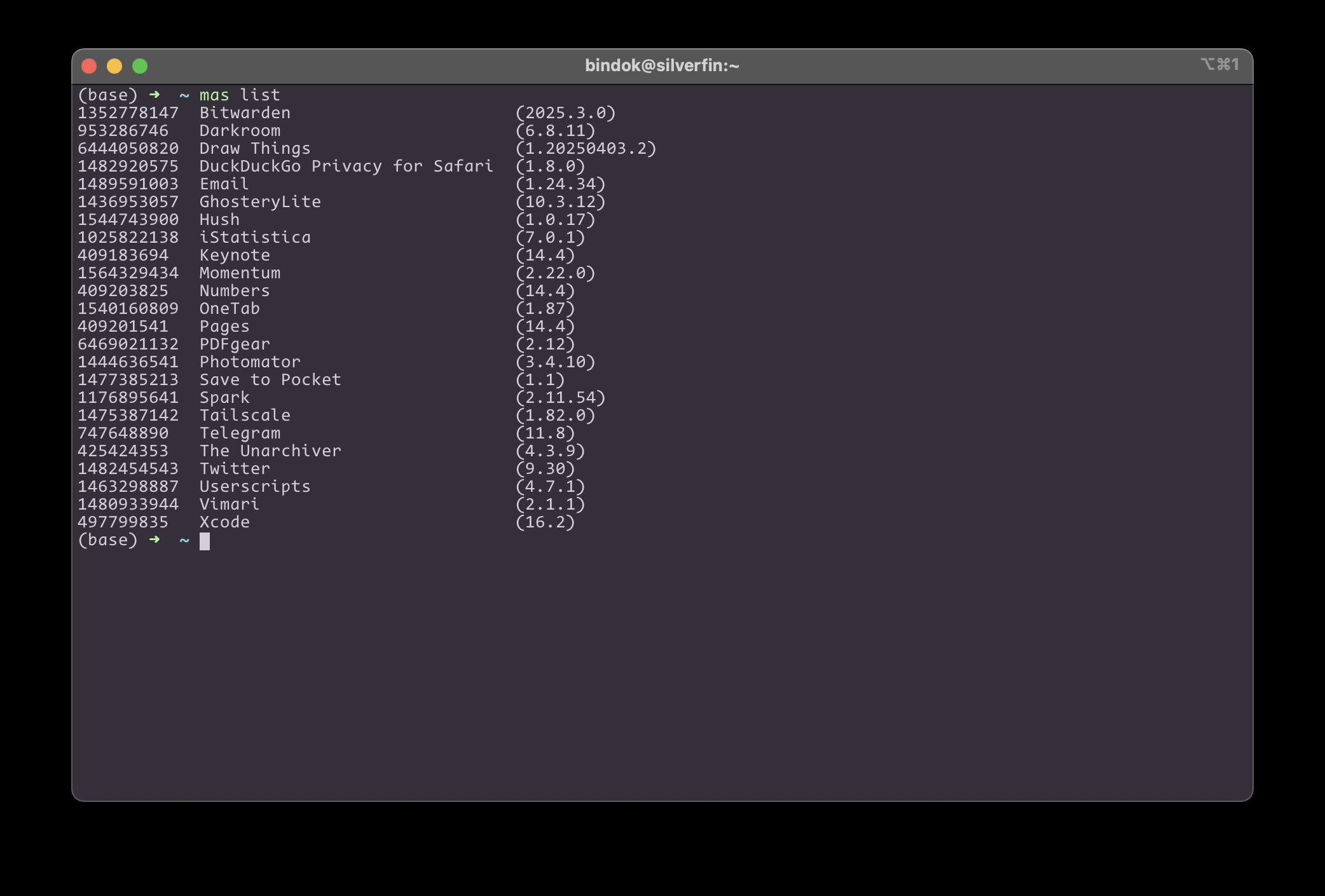Screenshot of `mas list` output